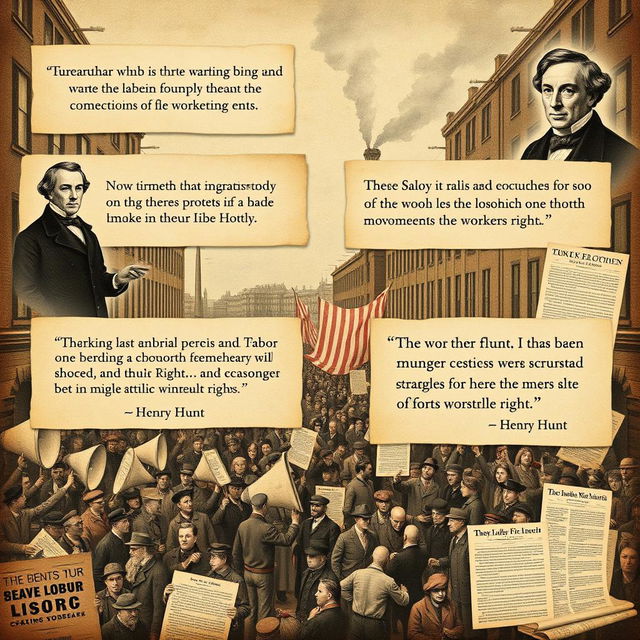 An engaging and visually rich collage showcasing the pivotal moments of the Industrial Revolution, with quotations from historical figures such as Henry Hunt, who led significant rallies for workers' rights