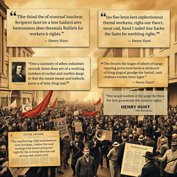 An engaging and visually rich collage showcasing the pivotal moments of the Industrial Revolution, with quotations from historical figures such as Henry Hunt, who led significant rallies for workers' rights