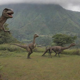 Velociraptors inside their robust electric-fence and concrete reinforced enclosure on Isla Nublar, unable to exit, with Jurassic Park's surrounding landscapes in the background.