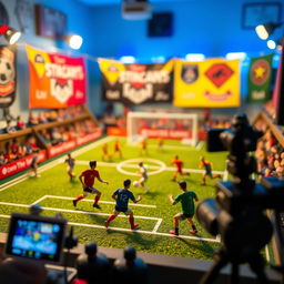 A vibrant and dynamic scene depicting miniature sports on a YouTube channel