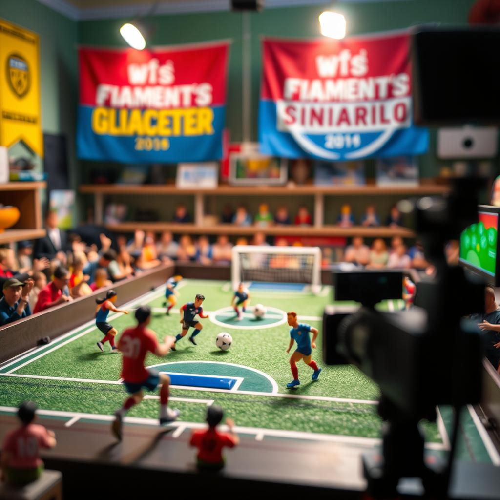 A vibrant and dynamic scene depicting miniature sports on a YouTube channel