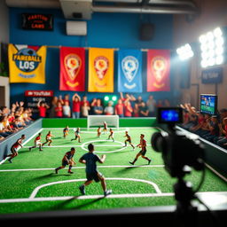 A vibrant and dynamic scene depicting miniature sports on a YouTube channel