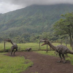 Velociraptors inside their robust electric-fence and concrete reinforced enclosure on Isla Nublar, unable to exit, with Jurassic Park's surrounding landscapes in the background.