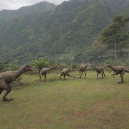 Velociraptors inside their robust electric-fence and concrete reinforced enclosure on Isla Nublar, unable to exit, with Jurassic Park's surrounding landscapes in the background.