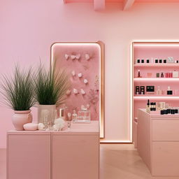 A stylish perfume store with a wall embellished with fake plants. The color palette includes soft pink, warm wood, and crisp white.