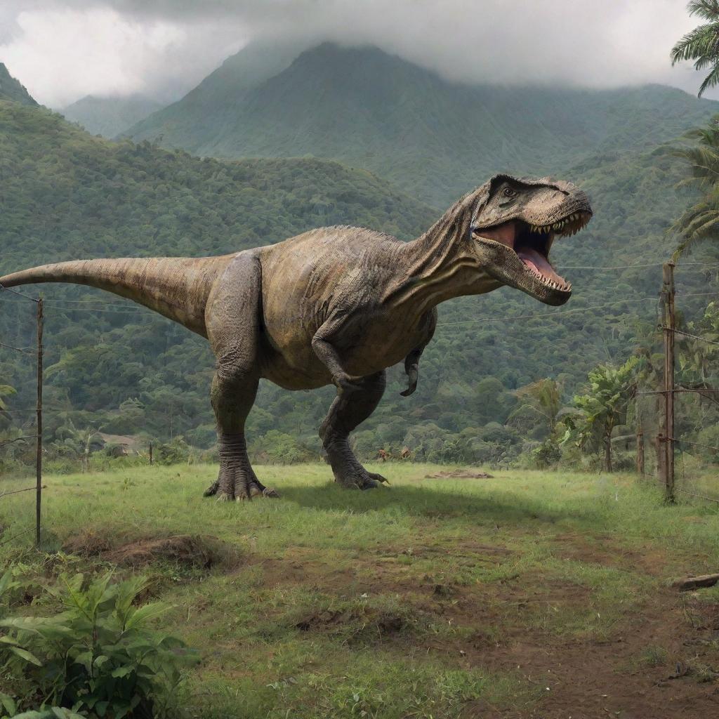 A single, majestic Tyrannosaurus Rex inside a secure enclosure on Isla Nublar, contained by a sweeping, robust electric fence suspended above a long concrete foundation amid Jurassic Park's verdant expanse.