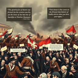 A powerful and evocative illustration depicting the brutal event of the Peterloo Massacre, incorporating iconic prints from the time period