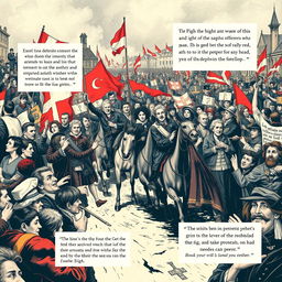 A powerful and evocative illustration depicting the brutal event of the Peterloo Massacre, incorporating iconic prints from the time period