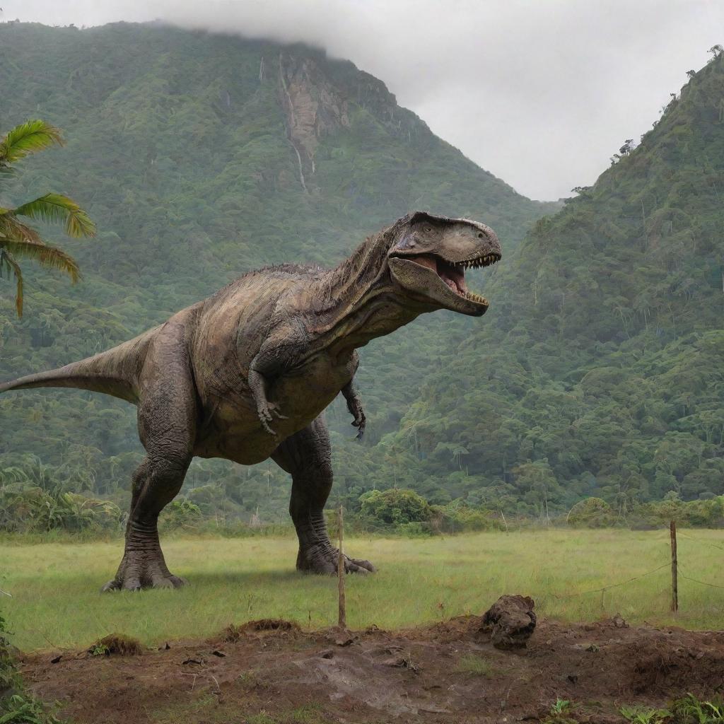 A single, majestic Tyrannosaurus Rex inside a secure enclosure on Isla Nublar, contained by a sweeping, robust electric fence suspended above a long concrete foundation amid Jurassic Park's verdant expanse.