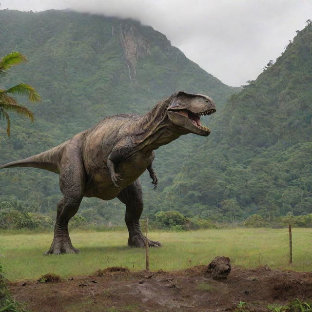 A single, majestic Tyrannosaurus Rex inside a secure enclosure on Isla Nublar, contained by a sweeping, robust electric fence suspended above a long concrete foundation amid Jurassic Park's verdant expanse.