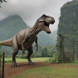 A single, majestic Tyrannosaurus Rex inside a secure enclosure on Isla Nublar, contained by a sweeping, robust electric fence suspended above a long concrete foundation amid Jurassic Park's verdant expanse.