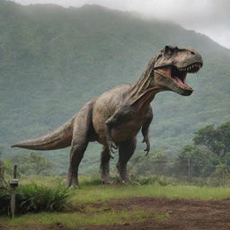 A single, majestic Tyrannosaurus Rex inside a secure enclosure on Isla Nublar, contained by a sweeping, robust electric fence suspended above a long concrete foundation amid Jurassic Park's verdant expanse.