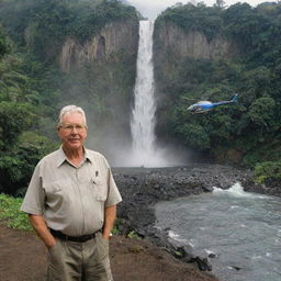 John Hammond overseeing the construction of a helicopter landing pad adjacent to a dynamic, cascading waterfall on the scenic and vibrant Isla Nublar