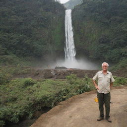 John Hammond overseeing the construction of a helicopter landing pad adjacent to a dynamic, cascading waterfall on the scenic and vibrant Isla Nublar