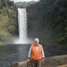 John Hammond overseeing the construction of a helicopter landing pad adjacent to a dynamic, cascading waterfall on the scenic and vibrant Isla Nublar