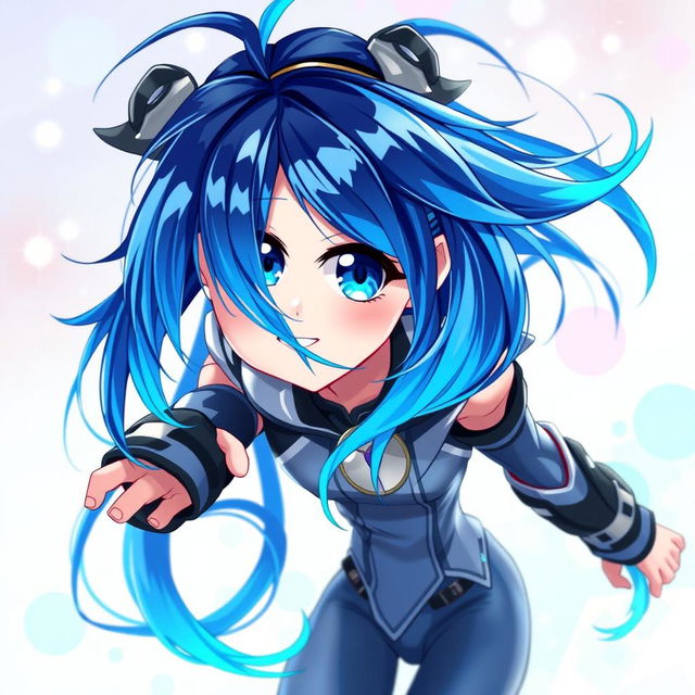 A striking digital art piece featuring a blue-haired anime girl