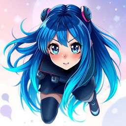 A striking digital art piece featuring a blue-haired anime girl