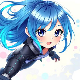 A striking digital art piece featuring a blue-haired anime girl