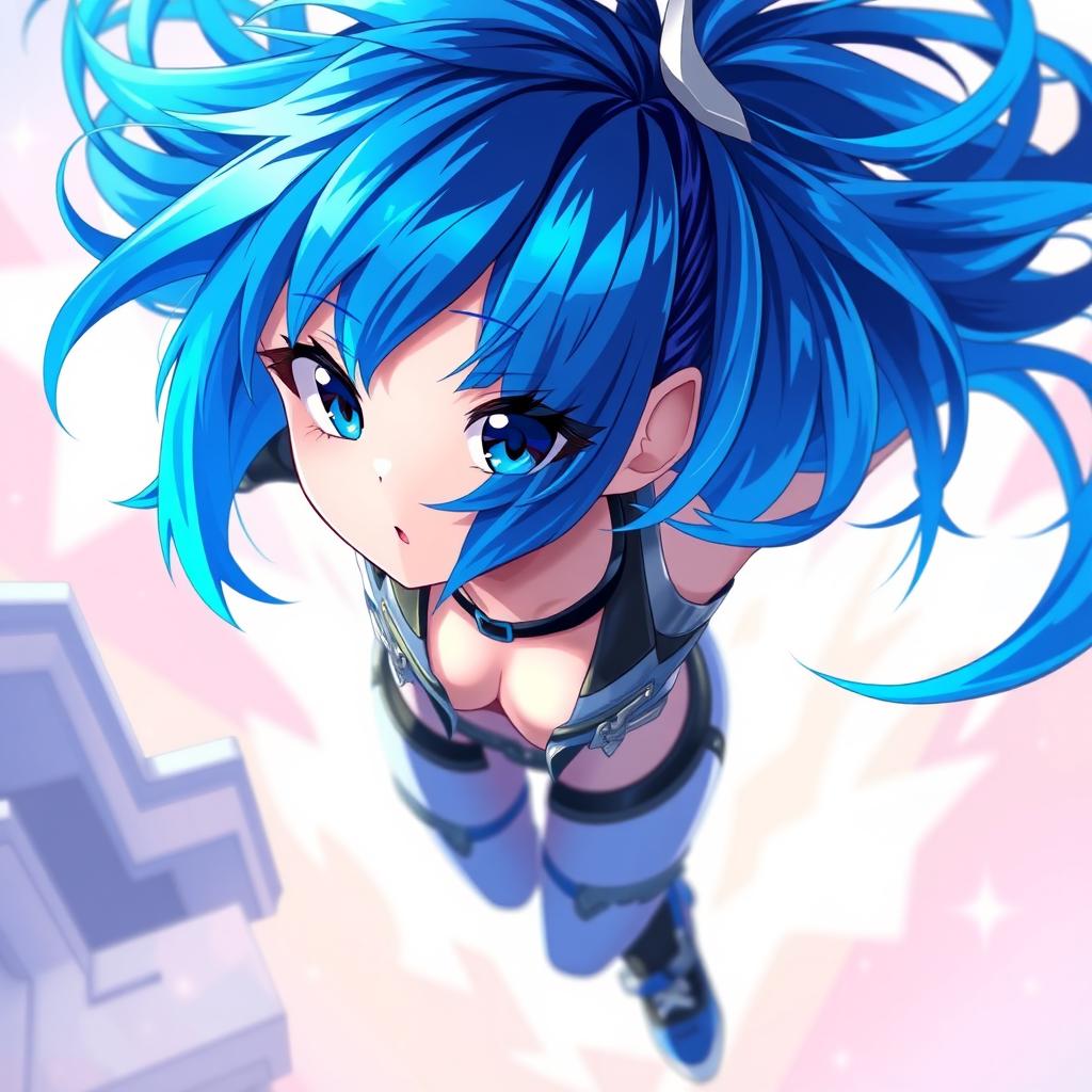 A striking digital art piece featuring a blue-haired anime girl