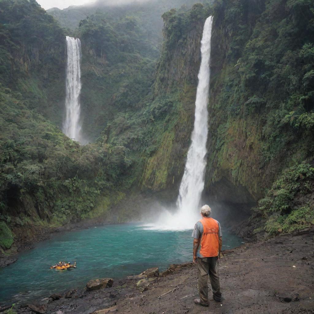 John Hammond overseeing the construction of a helicopter landing pad adjacent to a dynamic, cascading waterfall on the scenic and vibrant Isla Nublar