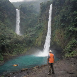 John Hammond overseeing the construction of a helicopter landing pad adjacent to a dynamic, cascading waterfall on the scenic and vibrant Isla Nublar