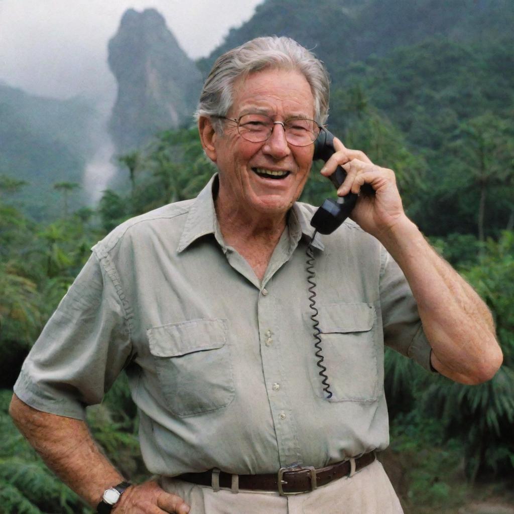 John Hammond, evidently joyful, on a phone call inviting guests to Jurassic Park, standing on the iconic Isla Nublar with its lush landscapes in the background.