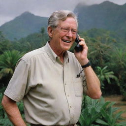 John Hammond, evidently joyful, on a phone call inviting guests to Jurassic Park, standing on the iconic Isla Nublar with its lush landscapes in the background.