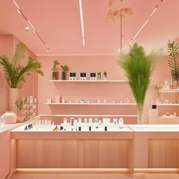 A stylish perfume store with a wall embellished with fake plants. The color palette includes soft pink, warm wood, and crisp white.