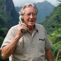 John Hammond, evidently joyful, on a phone call inviting guests to Jurassic Park, standing on the iconic Isla Nublar with its lush landscapes in the background.