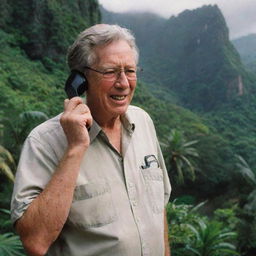 John Hammond, evidently joyful, on a phone call inviting guests to Jurassic Park, standing on the iconic Isla Nublar with its lush landscapes in the background.