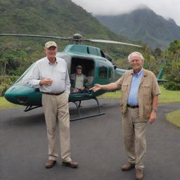 Alan Grant, renowned paleontologist, arriving at the vibrant and dinosaur-infused Isla Nublar via helicopter, welcomed by a noticeably excited John Hammond.