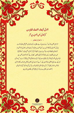 The back side of an Urdu book cover featuring an elegant floral design with intricate patterns, vibrant colors of deep reds and greens, and a subtle texture that mimics handmade paper