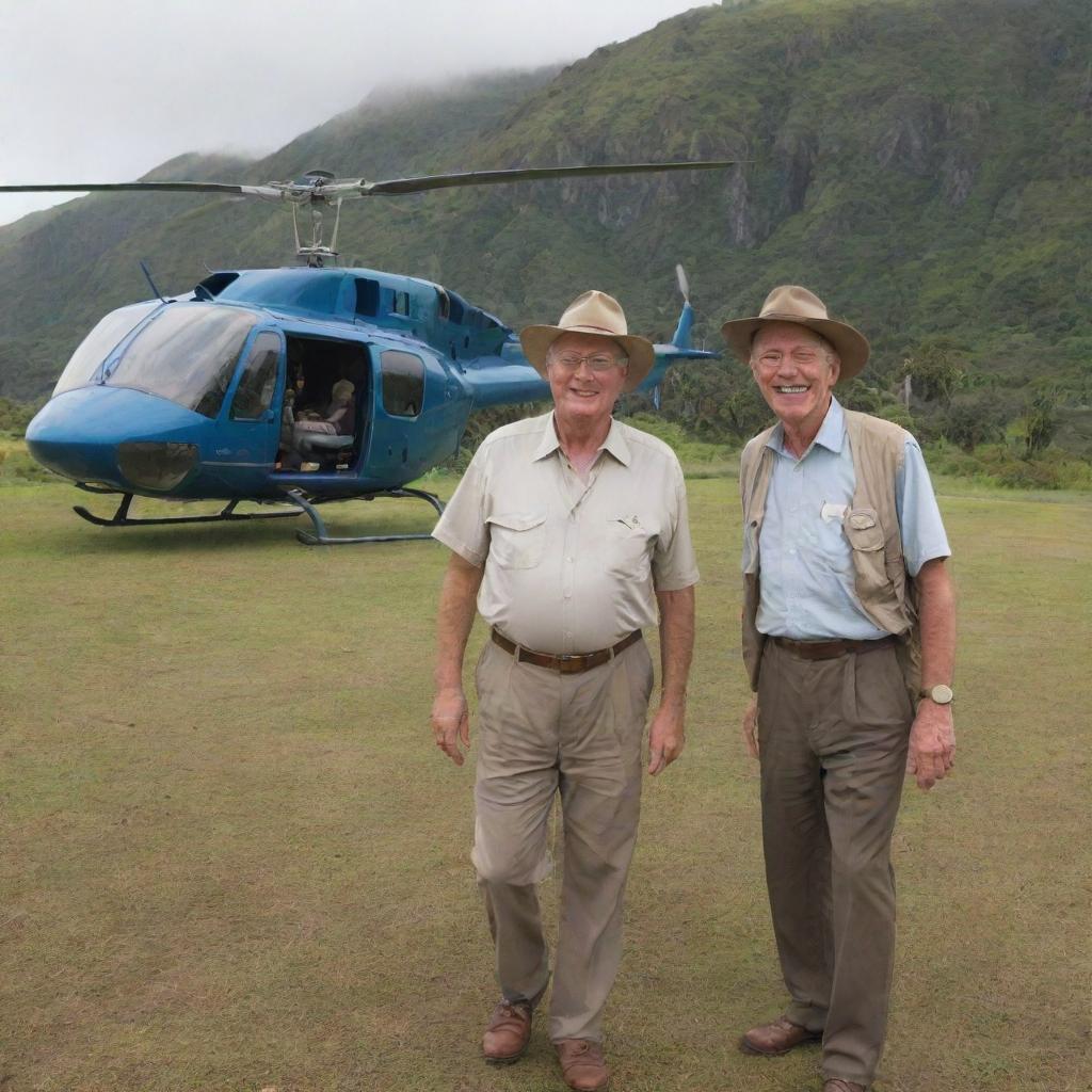 Alan Grant, renowned paleontologist, arriving at the vibrant and dinosaur-infused Isla Nublar via helicopter, welcomed by a noticeably excited John Hammond.