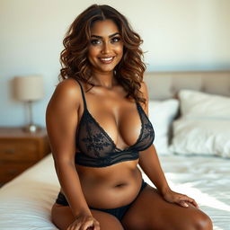 A curvy woman with soft brown curls and captivating hazel eyes sits on the edge of a bed, dressed in black transparent lingerie with a plunging neckline that accentuates her figure