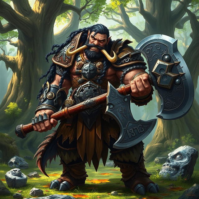 A dynamic fantasy character from a Dungeons and Dragons setting, featuring a tall, muscular half-orc warrior clad in intricate, brutish armor adorned with animal motifs, showcasing battle scars