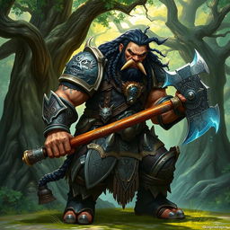 A dynamic fantasy character from a Dungeons and Dragons setting, featuring a tall, muscular half-orc warrior clad in intricate, brutish armor adorned with animal motifs, showcasing battle scars