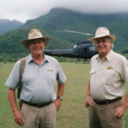 Alan Grant, renowned paleontologist, arriving at the vibrant and dinosaur-infused Isla Nublar via helicopter, welcomed by a noticeably excited John Hammond.