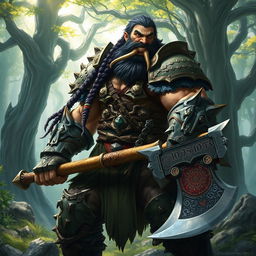 A dynamic fantasy character from a Dungeons and Dragons setting, featuring a tall, muscular half-orc warrior clad in intricate, brutish armor adorned with animal motifs, showcasing battle scars