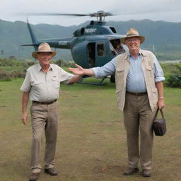 Alan Grant, renowned paleontologist, arriving at the vibrant and dinosaur-infused Isla Nublar via helicopter, welcomed by a noticeably excited John Hammond.