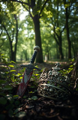 A dramatic scene featuring a bloody sword partially embedded in the ground, surrounded by vibrant green tree leaves