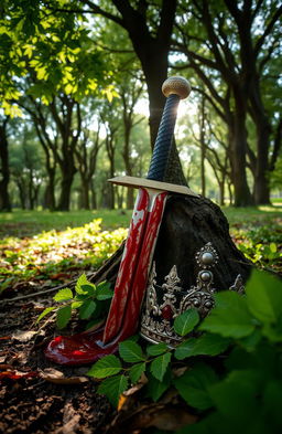 A dramatic scene featuring a bloody sword partially embedded in the ground, surrounded by vibrant green tree leaves