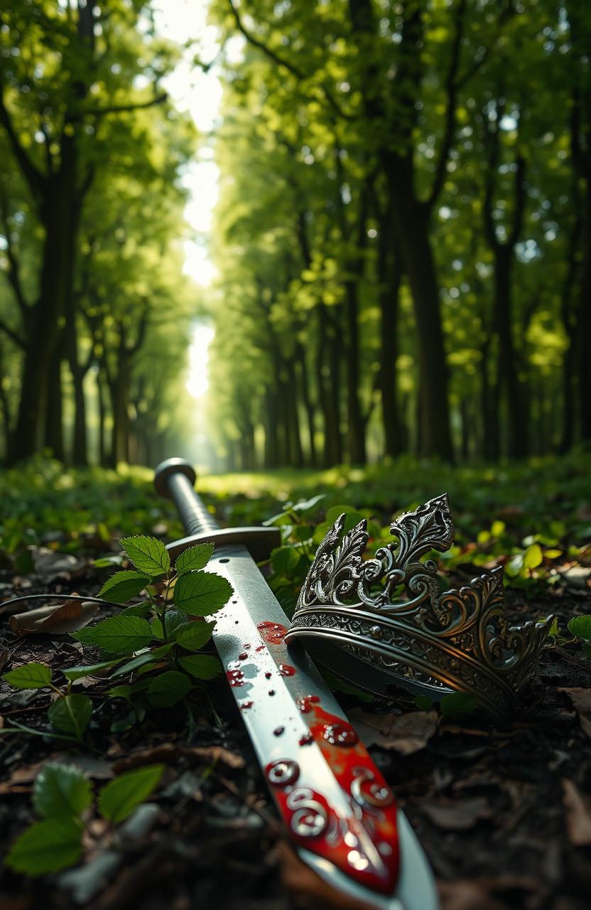 A dramatic scene featuring a bloody sword partially embedded in the ground, surrounded by vibrant green tree leaves