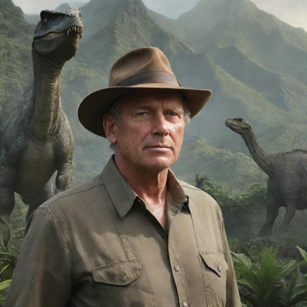 An impressive depiction of a noteworthy Alan Grant on Isla Nublar, with wary eyes and an air of vigilance, amidst the lush landscape and dinosaurs.