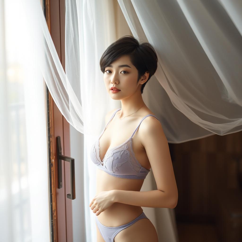 A petite Asian woman with a stylish pixie cut and porcelain skin stands gracefully near a glass door, dressed in lavender transparent lingerie that enhances her delicate frame