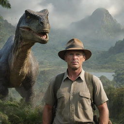 An impressive depiction of a noteworthy Alan Grant on Isla Nublar, with wary eyes and an air of vigilance, amidst the lush landscape and dinosaurs.