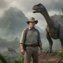 An impressive depiction of a noteworthy Alan Grant on Isla Nublar, with wary eyes and an air of vigilance, amidst the lush landscape and dinosaurs.