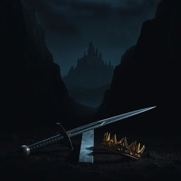 A striking scene of a black-handled sword lying in a dark, shadowy valley