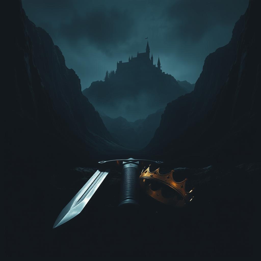 A striking scene of a black-handled sword lying in a dark, shadowy valley