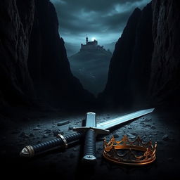 A striking scene of a black-handled sword lying in a dark, shadowy valley