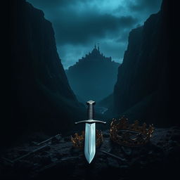 A striking scene of a black-handled sword lying in a dark, shadowy valley